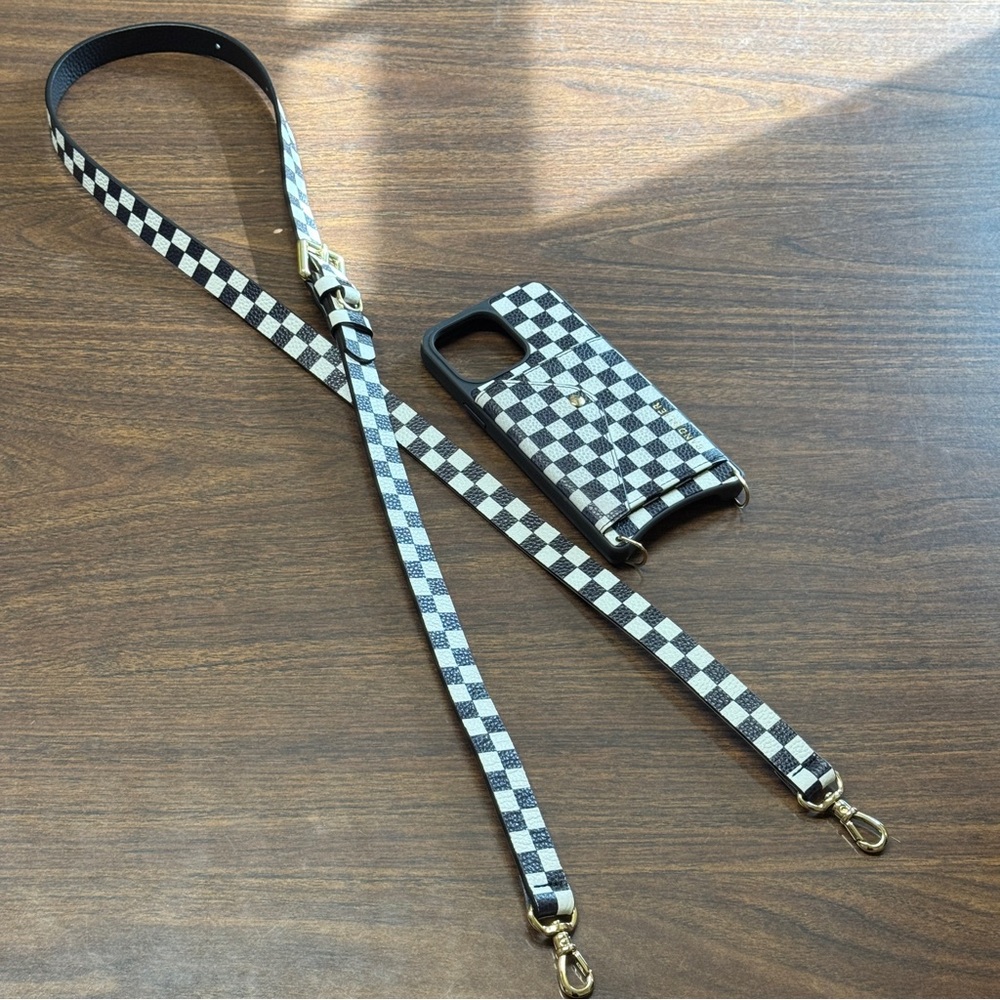 Bandolier Hailey Leather Crossbody checkered wallet phone case for 14 Pro Max.